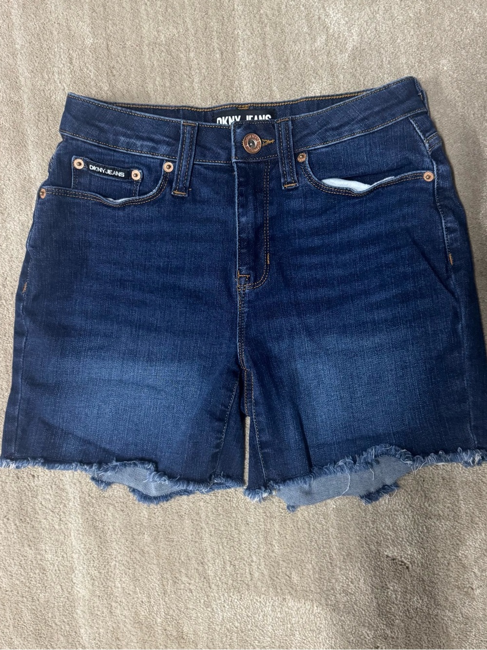 Dkny Dark Blue Denim Frayed Hem Jean Shorts